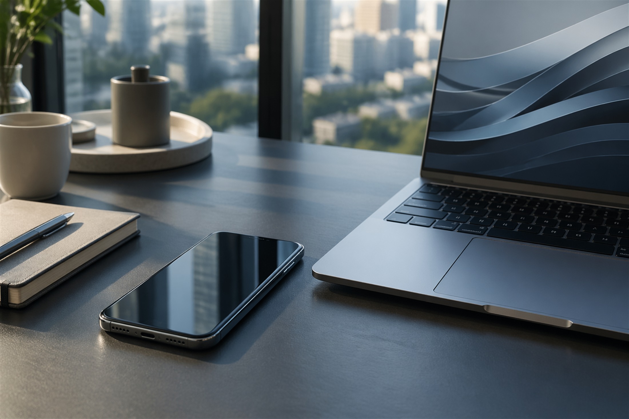 The Matora companion shown on a phone beside the desk setup